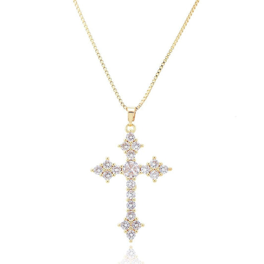 RIZILIA 18K Yellow Gold Plated Women's Cross Necklace, Round Cut CZ [Multiple Colors Available] Cross Pendant Necklace for Women, Trendy Jewelry Gift for Women