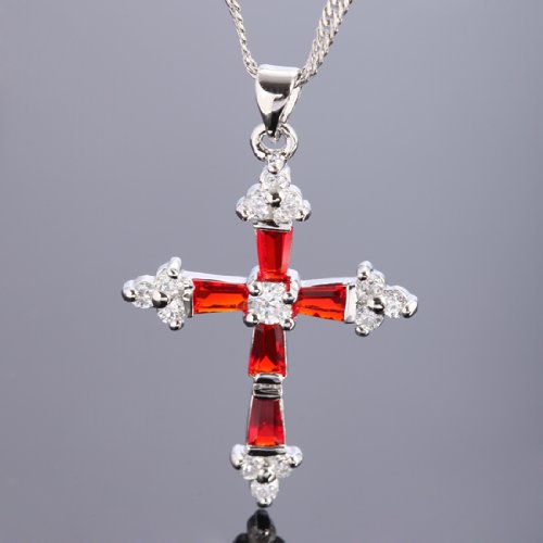 RIZILIA Cross Pendant with 18" Chain & Trapezoid Round Cut CZ [Multi-color] in White Gold Plated, Simple Modern Elegant