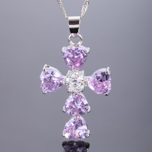 RIZILIA Cross Pendant with 18" Chain & Heart Cut CZ [6 Colors available] in White Gold Plated, Simple Modern Elegant
