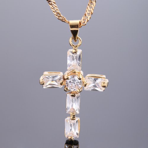 RIZILIA Cross Pendant with 18" Chain & Rectangular Cut CZ [6 Colors available] in Yellow Gold Plated, Simple Modern Elegant