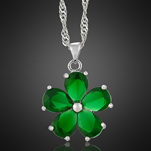 RIZILIA BLOSSOM Pendant with 18" Chain & Pear Cut CZ [4 Colors available] in White Gold Plated, Simple Modern Elegant