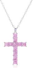 Laden Sie das Bild in den Galerie-Viewer, RIZILIA 18K Yellow Gold Plated Women&#39;s Cross Necklace, Princess Cut CZ [Simulated Pink Sapphire] Cross Pendant Necklace for Women, Trendy Jewelry Gift for Women
