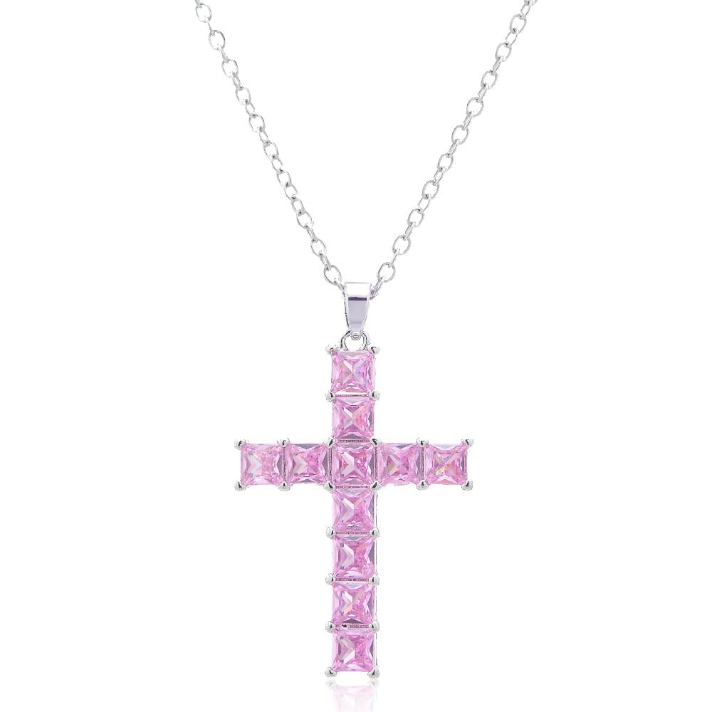 RIZILIA 18K Yellow Gold Plated Women's Cross Necklace, Princess Cut CZ [Simulated Pink Sapphire] Cross Pendant Necklace for Women, Trendy Jewelry Gift for Women