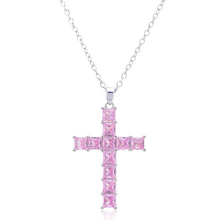 Laden Sie das Bild in den Galerie-Viewer, RIZILIA 18K Yellow Gold Plated Women&#39;s Cross Necklace, Princess Cut CZ [Simulated Pink Sapphire] Cross Pendant Necklace for Women, Trendy Jewelry Gift for Women
