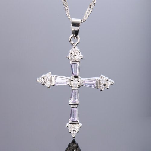 RIZILIA Cross Pendant with 18" Chain & Trapezoid Round Cut CZ [Multi-color] in White Gold Plated, Simple Modern Elegant