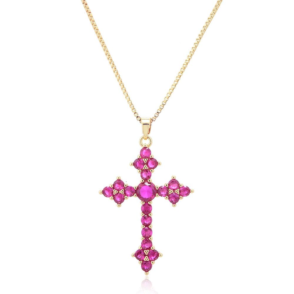 RIZILIA 18K Yellow Gold Plated Women's Cross Necklace, Round Cut CZ [Multiple Colors Available] Cross Pendant Necklace for Women, Trendy Jewelry Gift for Women