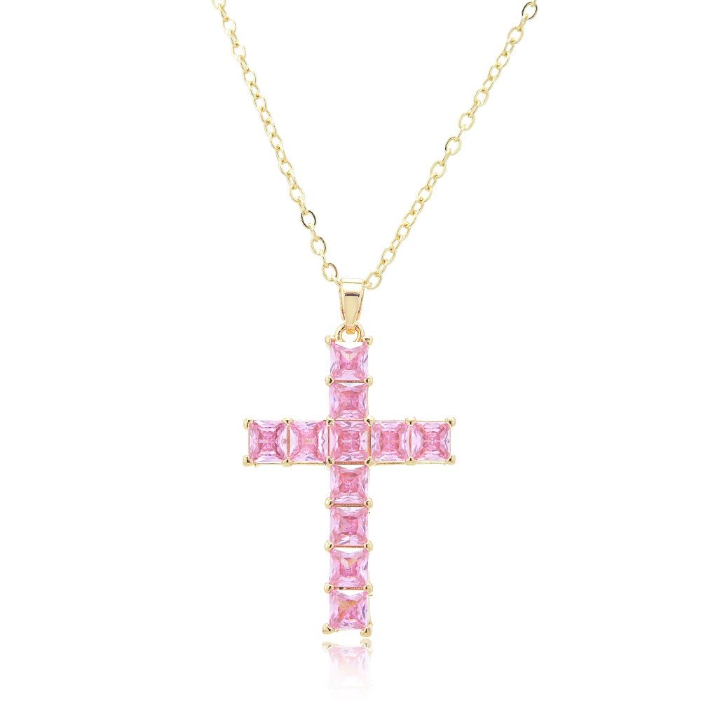 RIZILIA 18K Yellow Gold Plated Women's Cross Necklace, Princess Cut CZ [Simulated Pink Sapphire] Cross Pendant Necklace for Women, Trendy Jewelry Gift for Women