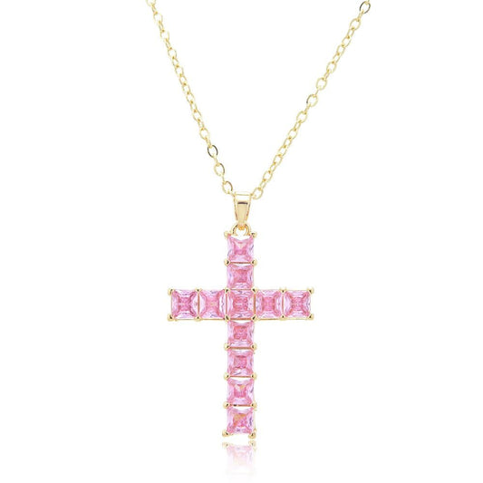 RIZILIA 18K Yellow Gold Plated Women's Cross Necklace, Princess Cut CZ [Simulated Pink Sapphire] Cross Pendant Necklace for Women, Trendy Jewelry Gift for Women