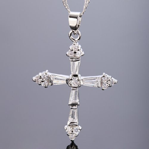 RIZILIA Cross Pendant with 18" Chain & Trapezoid Round Cut CZ [Multi-color] in White Gold Plated, Simple Modern Elegant