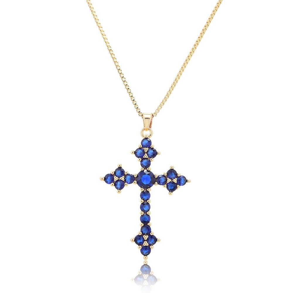 RIZILIA 18K Yellow Gold Plated Women's Cross Necklace, Round Cut CZ [Multiple Colors Available] Cross Pendant Necklace for Women, Trendy Jewelry Gift for Women