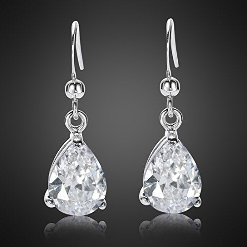 RIZILIA Dangle Drop Pierced Earrings with Pear Cut CZ [7 Colors available] in White Gold Plated, Simple Modern Elegant