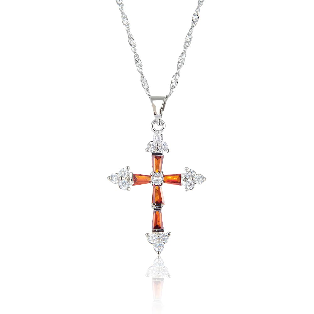 RIZILIA Cross Pendant with 18" Chain & Trapezoid Round Cut CZ [Multi-color] in White Gold Plated, Simple Modern Elegant