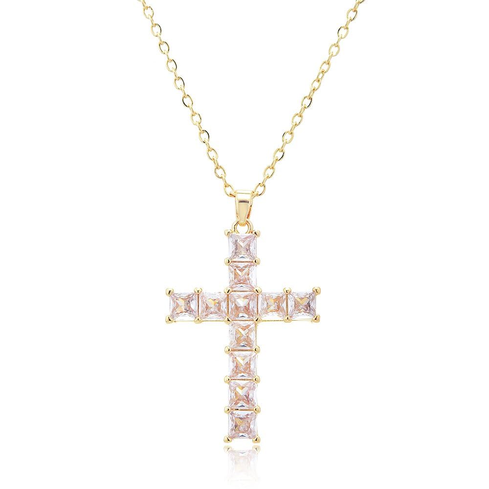 RIZILIA 18K Yellow Gold Plated Women's Cross Necklace, Princess Cut CZ [Simulated Pink Sapphire] Cross Pendant Necklace for Women, Trendy Jewelry Gift for Women