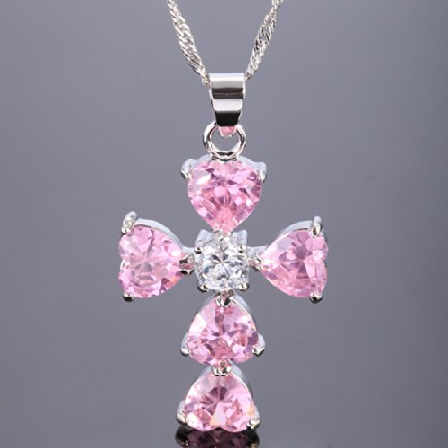 RIZILIA Cross Pendant with 18" Chain & Heart Cut CZ [6 Colors available] in White Gold Plated, Simple Modern Elegant