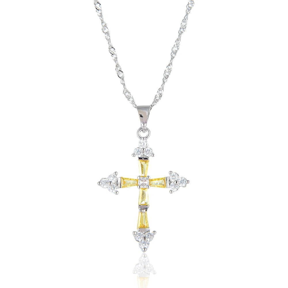 RIZILIA Cross Pendant with 18" Chain & Trapezoid Round Cut CZ [Multi-color] in White Gold Plated, Simple Modern Elegant