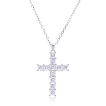 Laden Sie das Bild in den Galerie-Viewer, RIZILIA 18K Yellow Gold Plated Women&#39;s Cross Necklace, Princess Cut CZ [Simulated Pink Sapphire] Cross Pendant Necklace for Women, Trendy Jewelry Gift for Women
