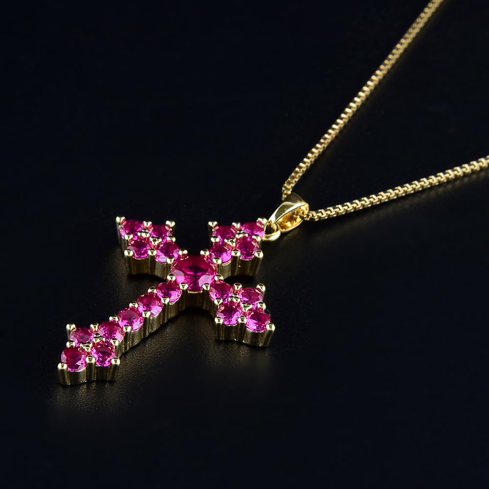 RIZILIA 18K Yellow Gold Plated Women's Cross Necklace, Round Cut CZ [Multiple Colors Available] Cross Pendant Necklace for Women, Trendy Jewelry Gift for Women