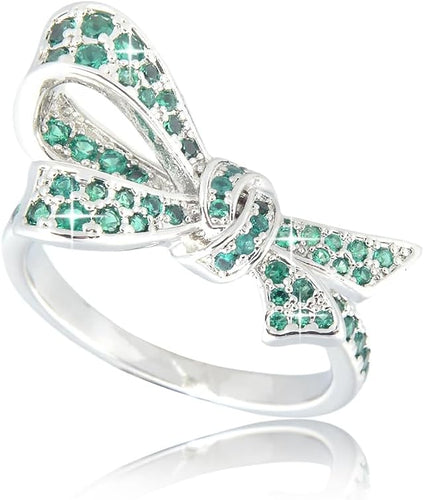 RIZILIA Classic Bow Design Cubic Zirconia Ring in 18K White Gold Plated, Multiple Colors Available, Elegant Jewelry Gift for Women