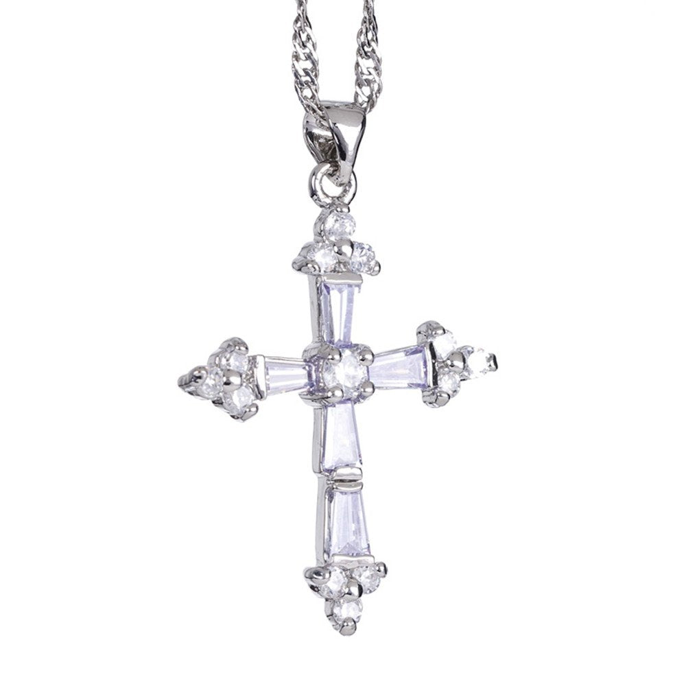 RIZILIA Cross Pendant with 18" Chain & Trapezoid Round Cut CZ [Multi-color] in White Gold Plated, Simple Modern Elegant