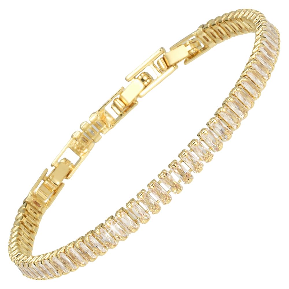 RIZILIA Not-Your-Basic Minimalist to Statement Tennis Bracelet for Women - Round/Marquise/Princess Gemstone CZ in Multi Colors, 14K Gold Plated, 6.5" Base with 0.5"/1" Extenders to 7-7.5"