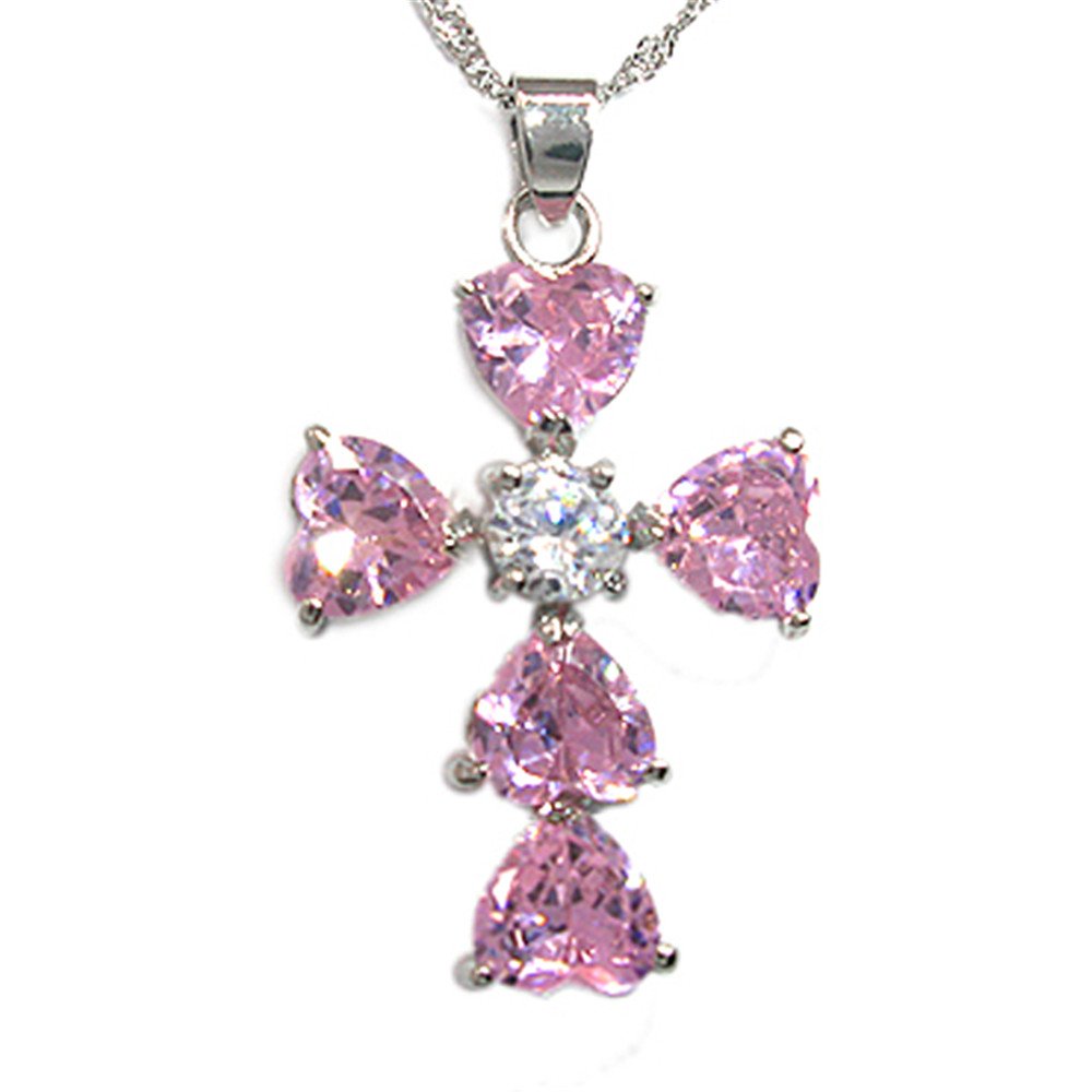 RIZILIA Cross Pendant with 18" Chain & Heart Cut CZ [6 Colors available] in White Gold Plated, Simple Modern Elegant