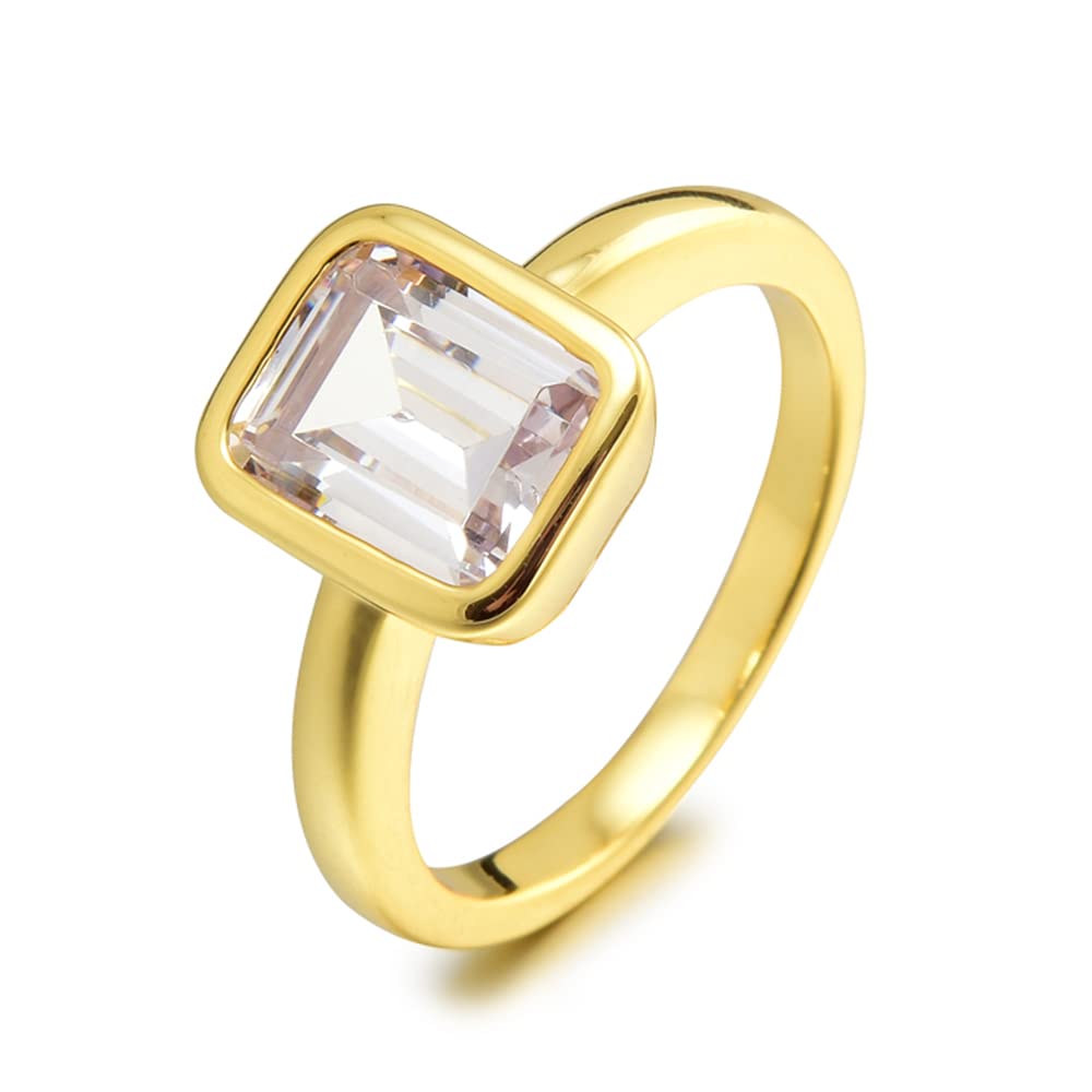 RIZILIA CELEBOX Solitaire Engagement Ring with Emerald Cut Gemstones CZ [6 Colors available] in Yellow Gold Plated, Celebrity inspired by Angelina Jolie
