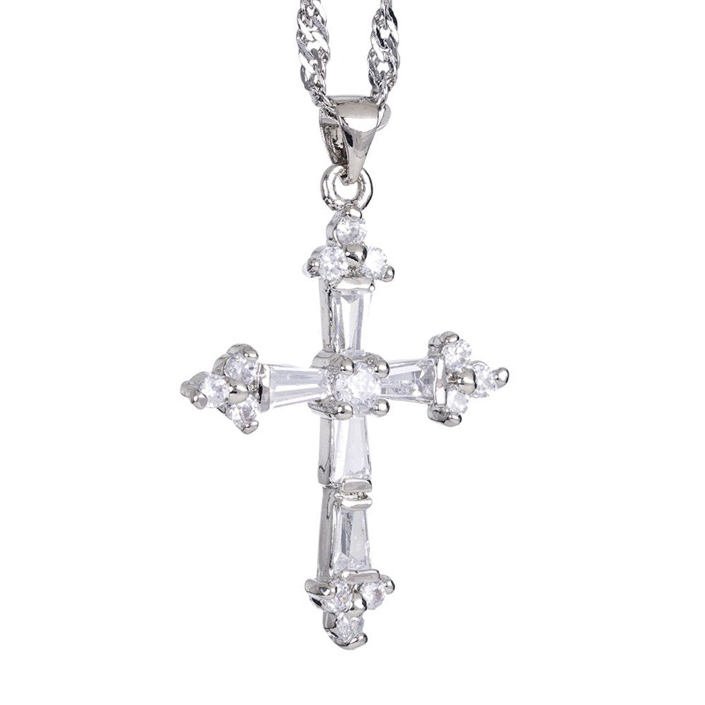 RIZILIA Cross Pendant with 18" Chain & Trapezoid Round Cut CZ [Multi-color] in White Gold Plated, Simple Modern Elegant