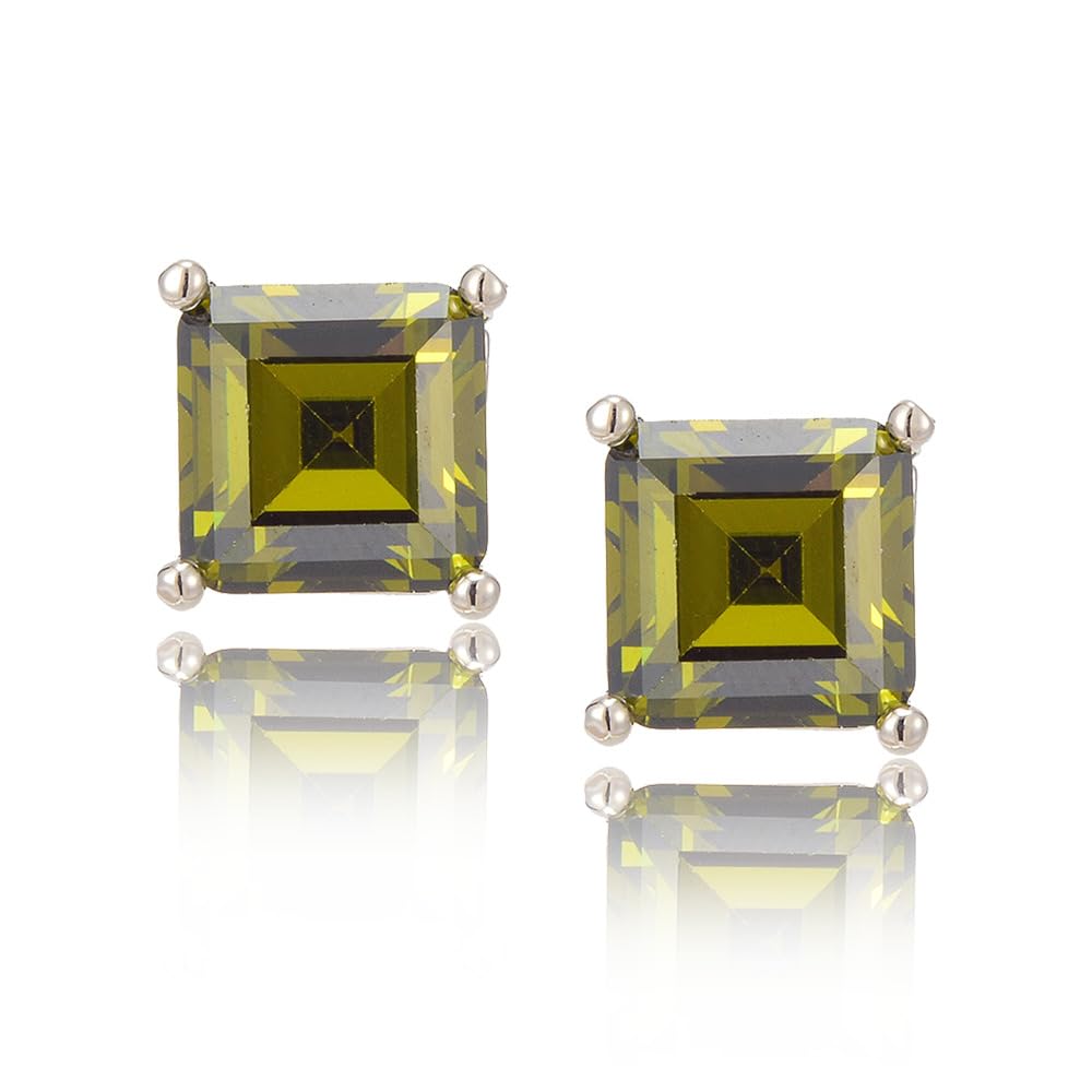 [RIZILIA CLASSIC] Stud Pierced Earrings with Square Emerald Cut Gemstones CZ [Multi-Colors available] in 18K White Gold Plated, Simple Modern Elegant