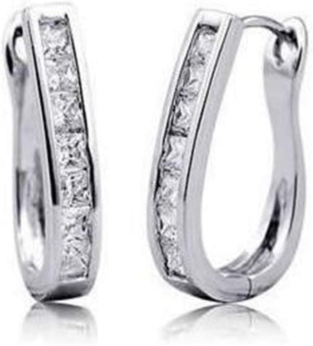 RIZILIA Hoop Pierced Earrings with Princess Cut CZ [White Cubic Zirconia] in White Gold Plated, Simple Modern Elegant