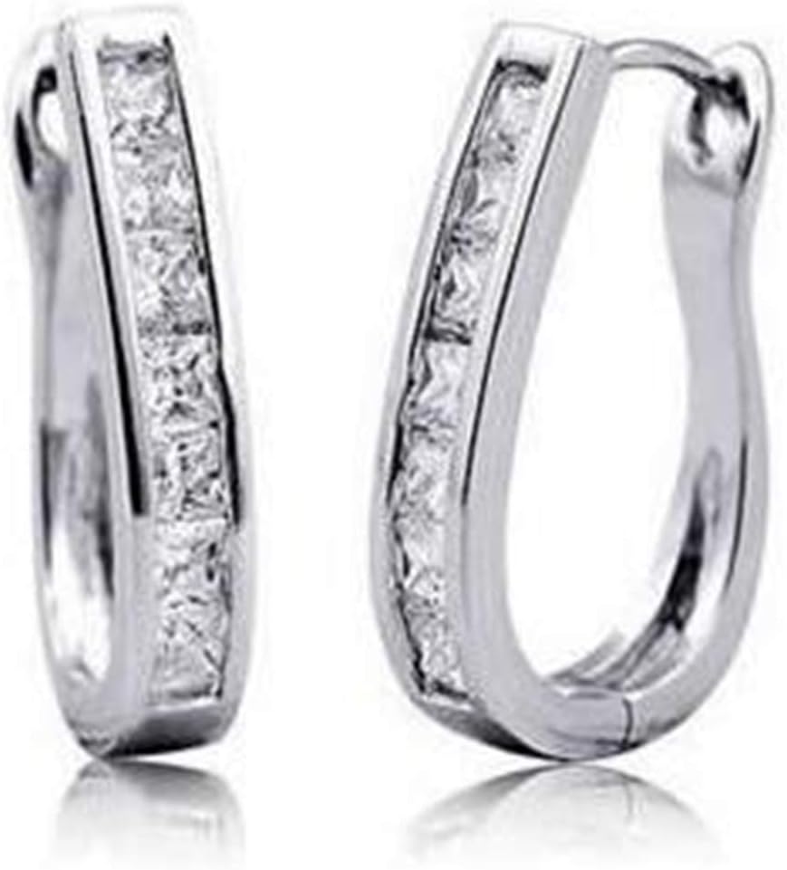 RIZILIA Hoop Pierced Earrings with Princess Cut CZ [White Cubic Zirconia] in White Gold Plated, Simple Modern Elegant
