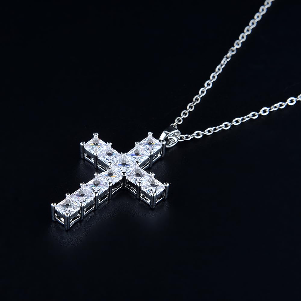 RIZILIA 18K Yellow Gold Plated Women's Cross Necklace, Princess Cut CZ [Simulated Pink Sapphire] Cross Pendant Necklace for Women, Trendy Jewelry Gift for Women