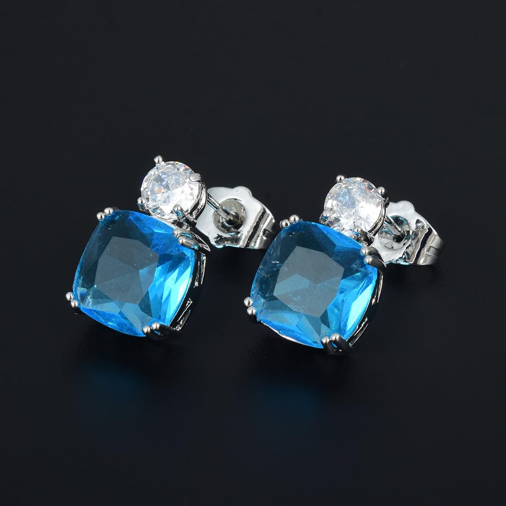 [RIZILIA CLASSIC] Stud Pierced Earrings with Cushion Cut Gemstones CZ [Multi-Colors available] in 18K White Gold Plated, Simple Modern Elegant