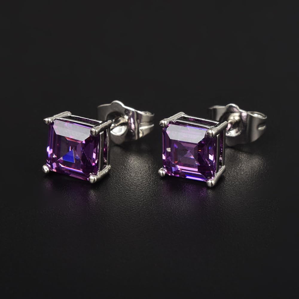 [RIZILIA CLASSIC] Stud Pierced Earrings with Square Emerald Cut Gemstones CZ [Multi-Colors available] in 18K White Gold Plated, Simple Modern Elegant