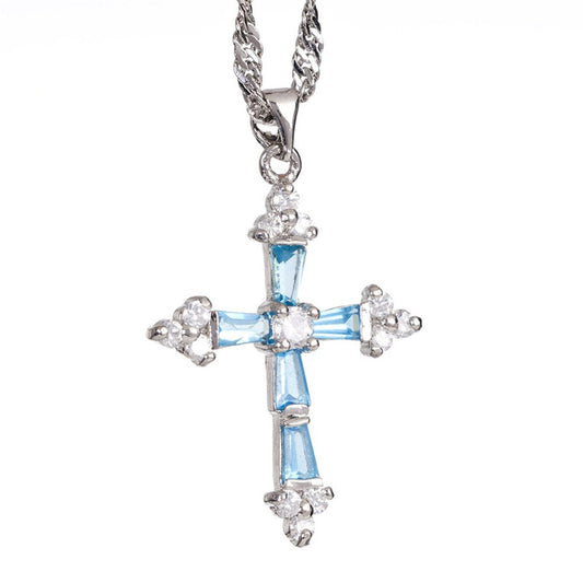 RIZILIA Cross Pendant with 18" Chain & Trapezoid Round Cut CZ [Multi-color] in White Gold Plated, Simple Modern Elegant