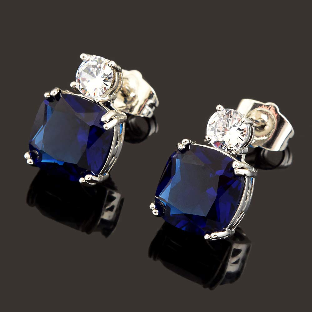 [RIZILIA CLASSIC] Stud Pierced Earrings with Cushion Cut Gemstones CZ [Multi-Colors available] in 18K White Gold Plated, Simple Modern Elegant