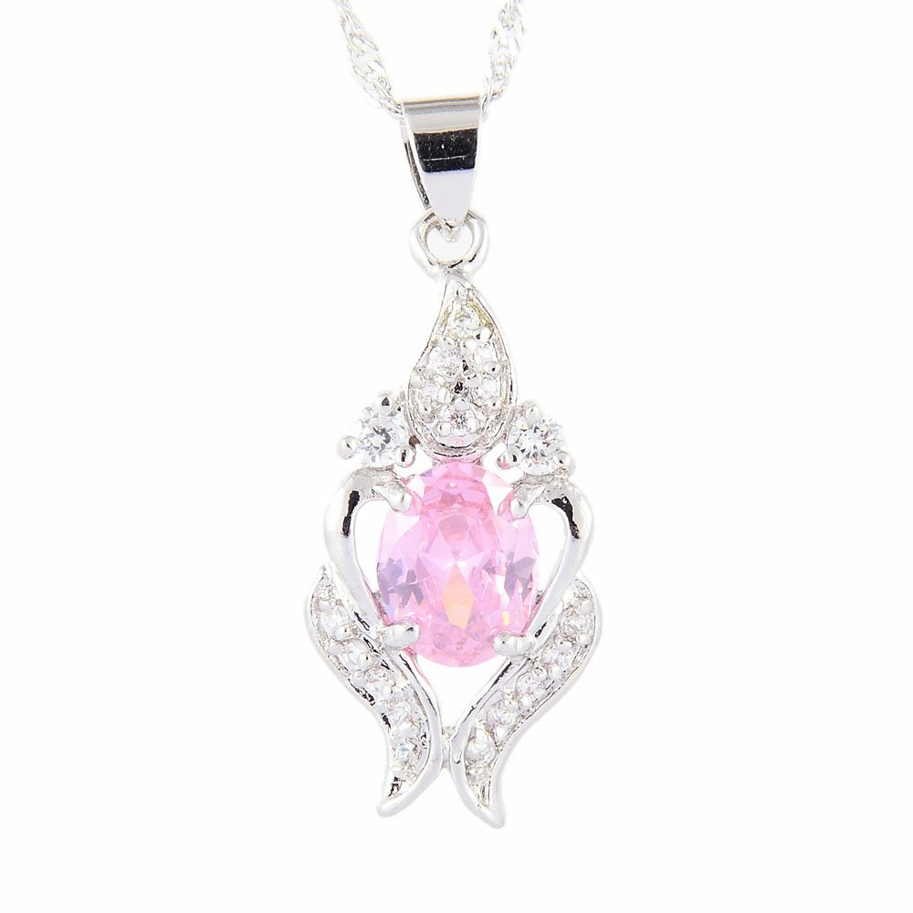 RIZILIA Pendant with 18" Chain & Oval Cut CZ [4 Colors available] in White Gold Plated, Simple Modern Elegant