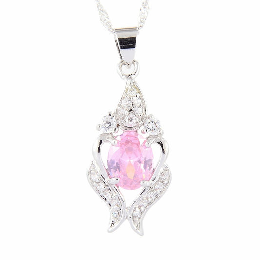 RIZILIA Pendant with 18" Chain & Oval Cut CZ [4 Colors available] in White Gold Plated, Simple Modern Elegant