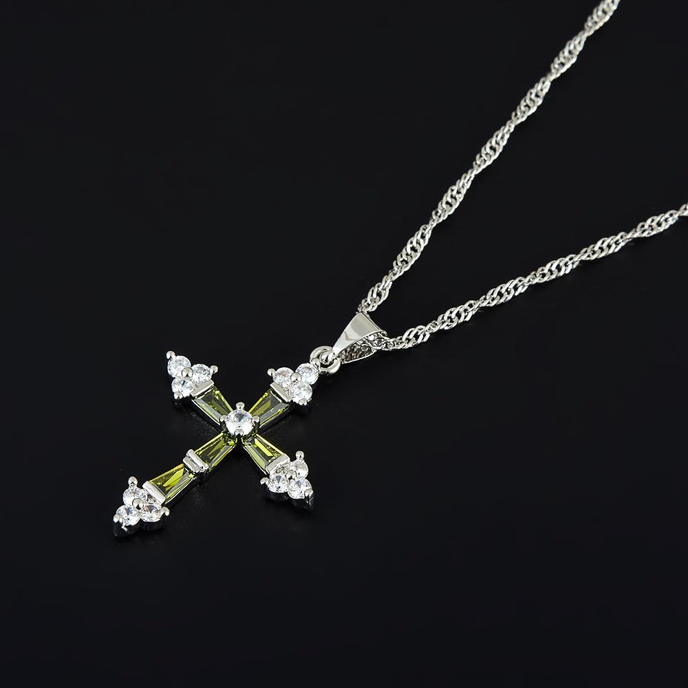 RIZILIA Cross Pendant with 18" Chain & Trapezoid Round Cut CZ [Multi-color] in White Gold Plated, Simple Modern Elegant