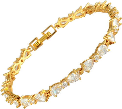 RIZILIA Women Pear White Cubic Zirconia CZ 18K Gold Plated Flower Tennis Bracelet Chain