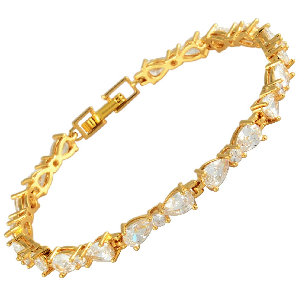 RIZILIA Women Pear White Cubic Zirconia CZ 18K Gold Plated Flower Tennis Bracelet Chain