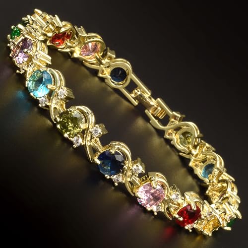 RIZILIA BLOSSOM Tennis Bracelet & Round Cut CZ [6 Colors available] in Yellow Gold Plated, 7"
