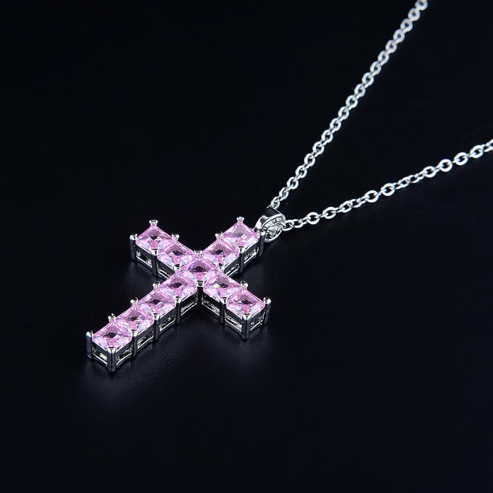 RIZILIA 18K Yellow Gold Plated Women's Cross Necklace, Princess Cut CZ [Simulated Pink Sapphire] Cross Pendant Necklace for Women, Trendy Jewelry Gift for Women