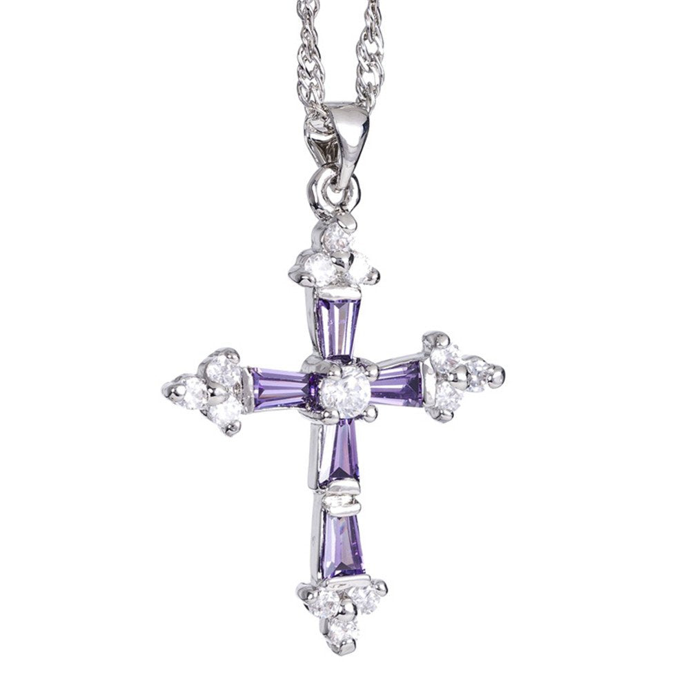 RIZILIA Cross Pendant with 18" Chain & Trapezoid Round Cut CZ [Multi-color] in White Gold Plated, Simple Modern Elegant