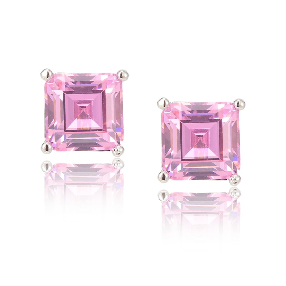 [RIZILIA CLASSIC] Stud Pierced Earrings with Square Emerald Cut Gemstones CZ [Multi-Colors available] in 18K White Gold Plated, Simple Modern Elegant