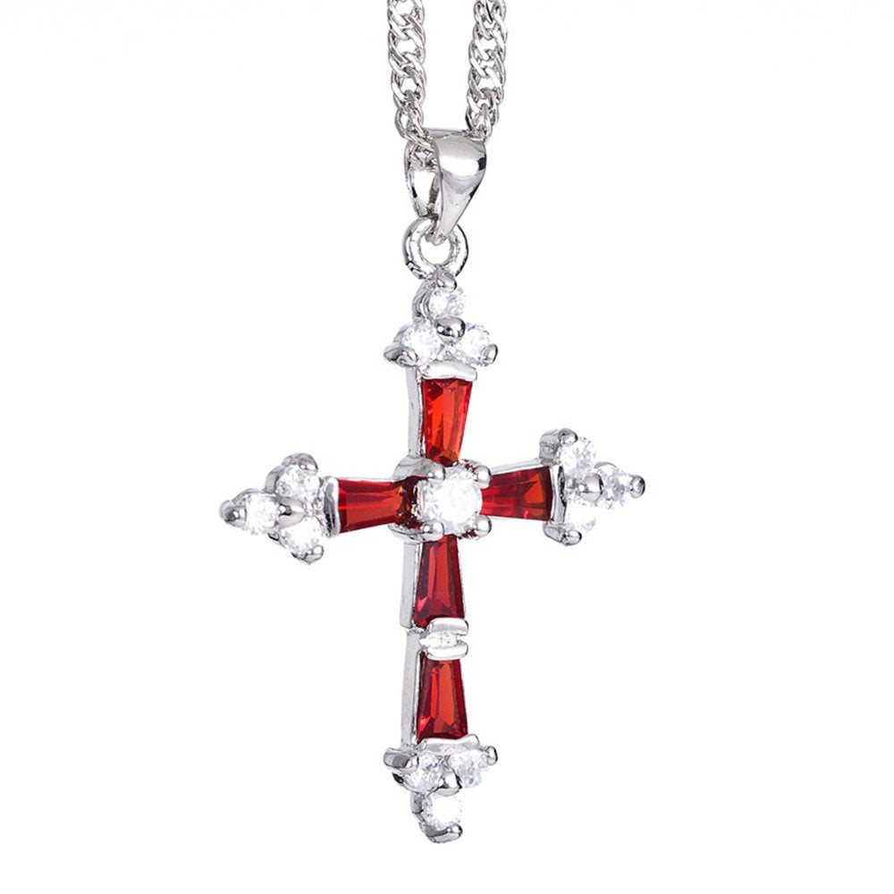 RIZILIA Cross Pendant with 18" Chain & Trapezoid Round Cut CZ [Multi-color] in White Gold Plated, Simple Modern Elegant
