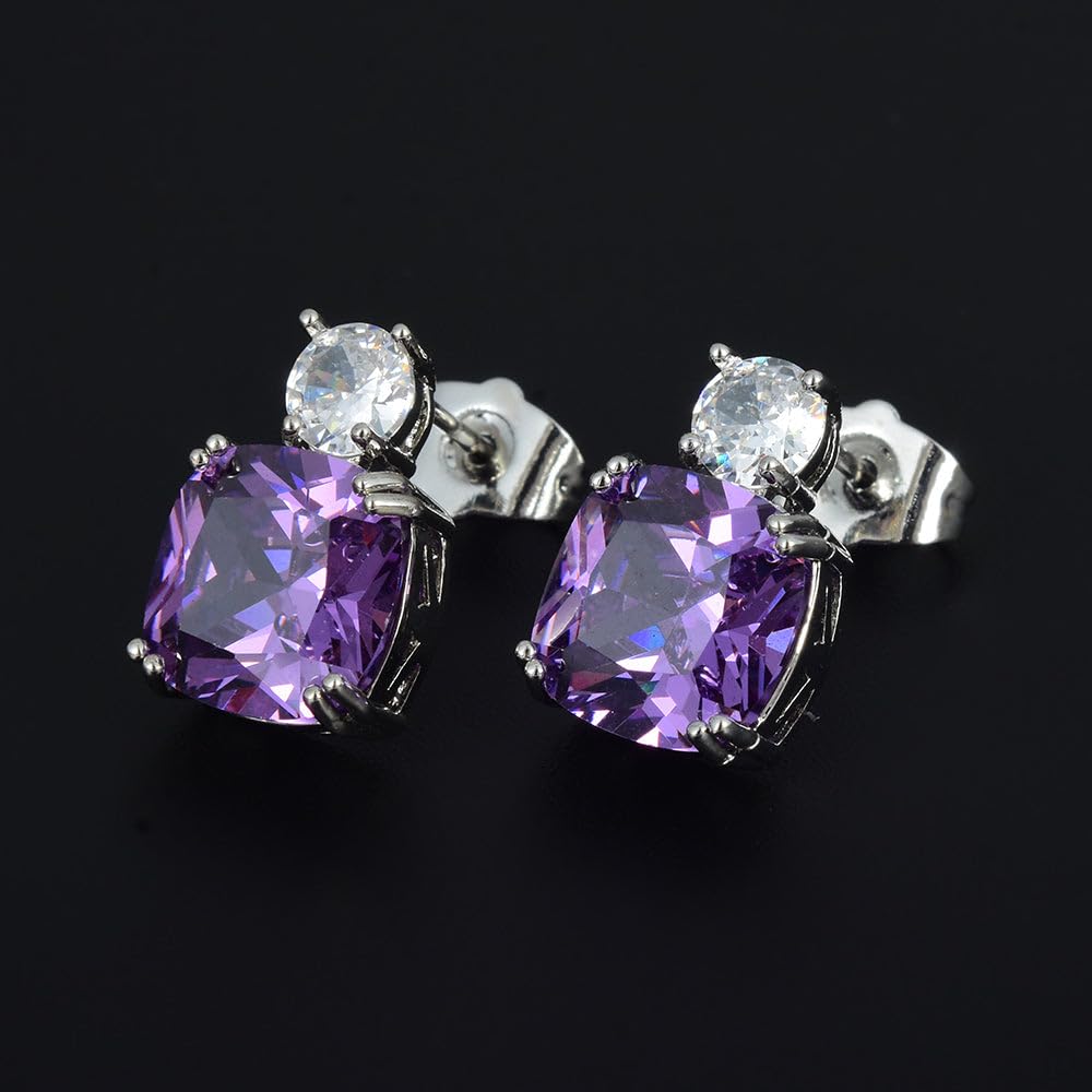 [RIZILIA CLASSIC] Stud Pierced Earrings with Cushion Cut Gemstones CZ [Multi-Colors available] in 18K White Gold Plated, Simple Modern Elegant