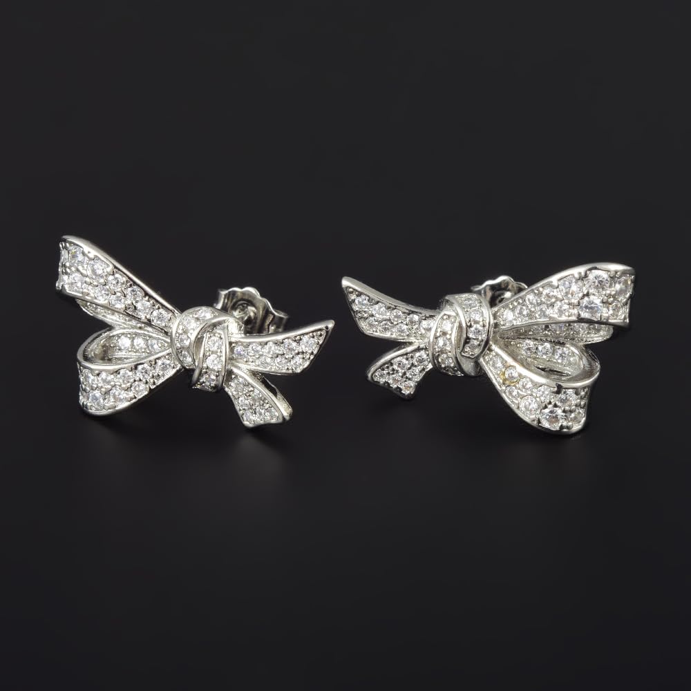 RIZILIA Bow Design Cubic Zirconia Stud Earrings in 18K White Gold Plated, Muliple colors available Hypoallergenic Lightweight Pierced Earrings, Elegant Gift for Women