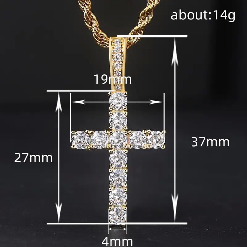 RIZILIA 18K Yellow Gold Plated Women's Cross Necklace, Round Cut CZ [Simulated White Topaz] Cross Pendant Necklace for Women with 24" Long Rope Chain, Trendy Jewelry Gift for Women