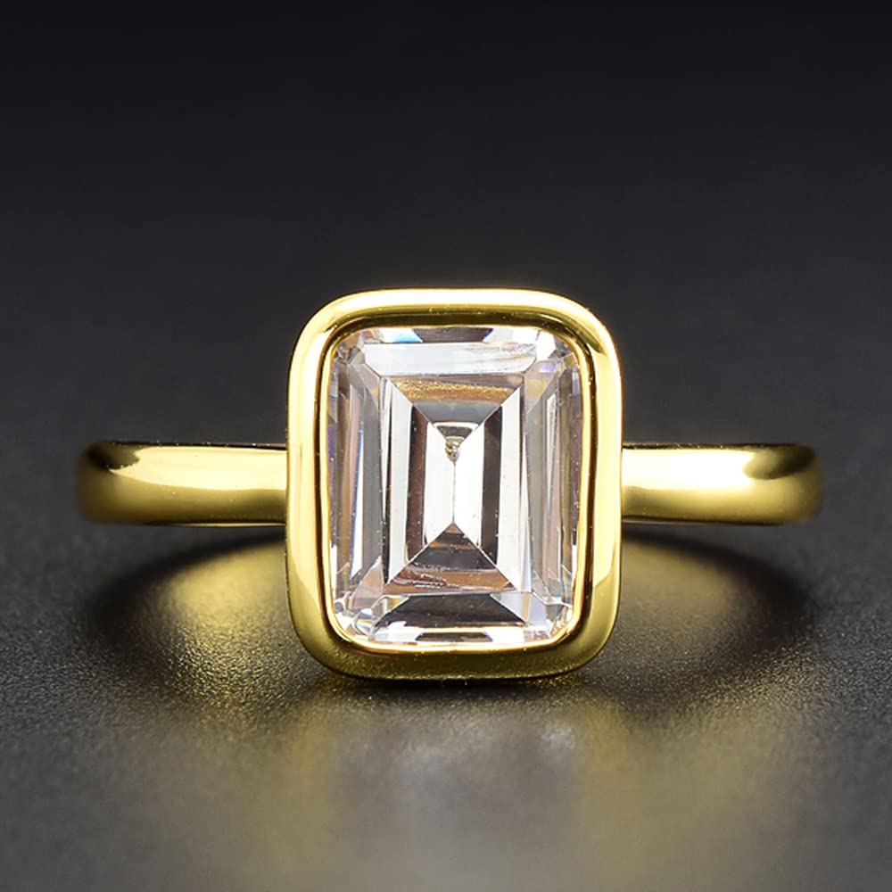 RIZILIA CELEBOX Solitaire Engagement Ring with Emerald Cut Gemstones CZ [6 Colors available] in Yellow Gold Plated, Celebrity inspired by Angelina Jolie