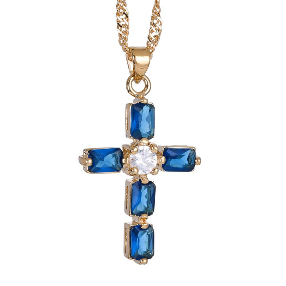 RIZILIA Cross Pendant with 18" Chain & Rectangular Cut CZ [6 Colors available] in Yellow Gold Plated, Simple Modern Elegant